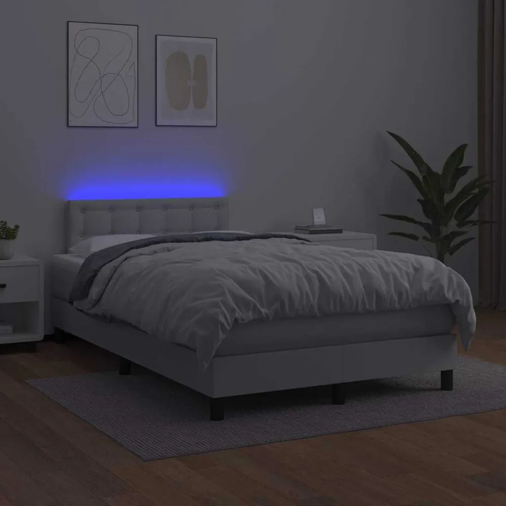 Cama box spring comcolchão/LED 120x190cm couro artificial branco