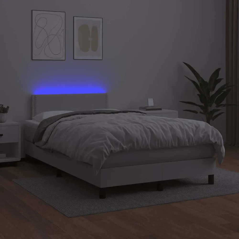 Cama box spring comcolchão/LED 120x190cm couro artificial branco