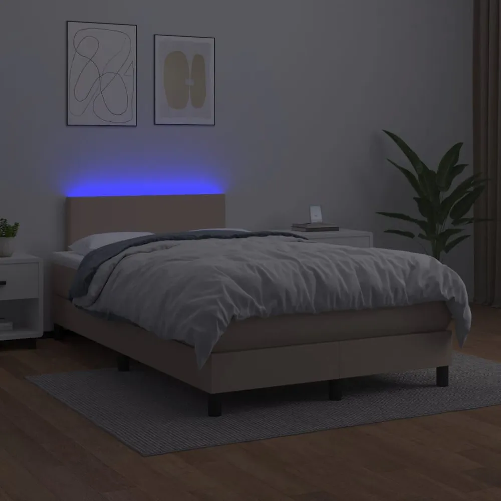 Cama box spring comcolchão/LED 120x190cm couro artif. cappuccino