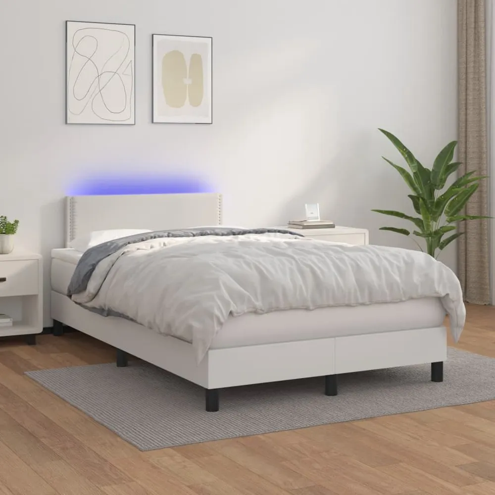 Cama box spring comcolchão/LED 120x200cm couro artificial branco