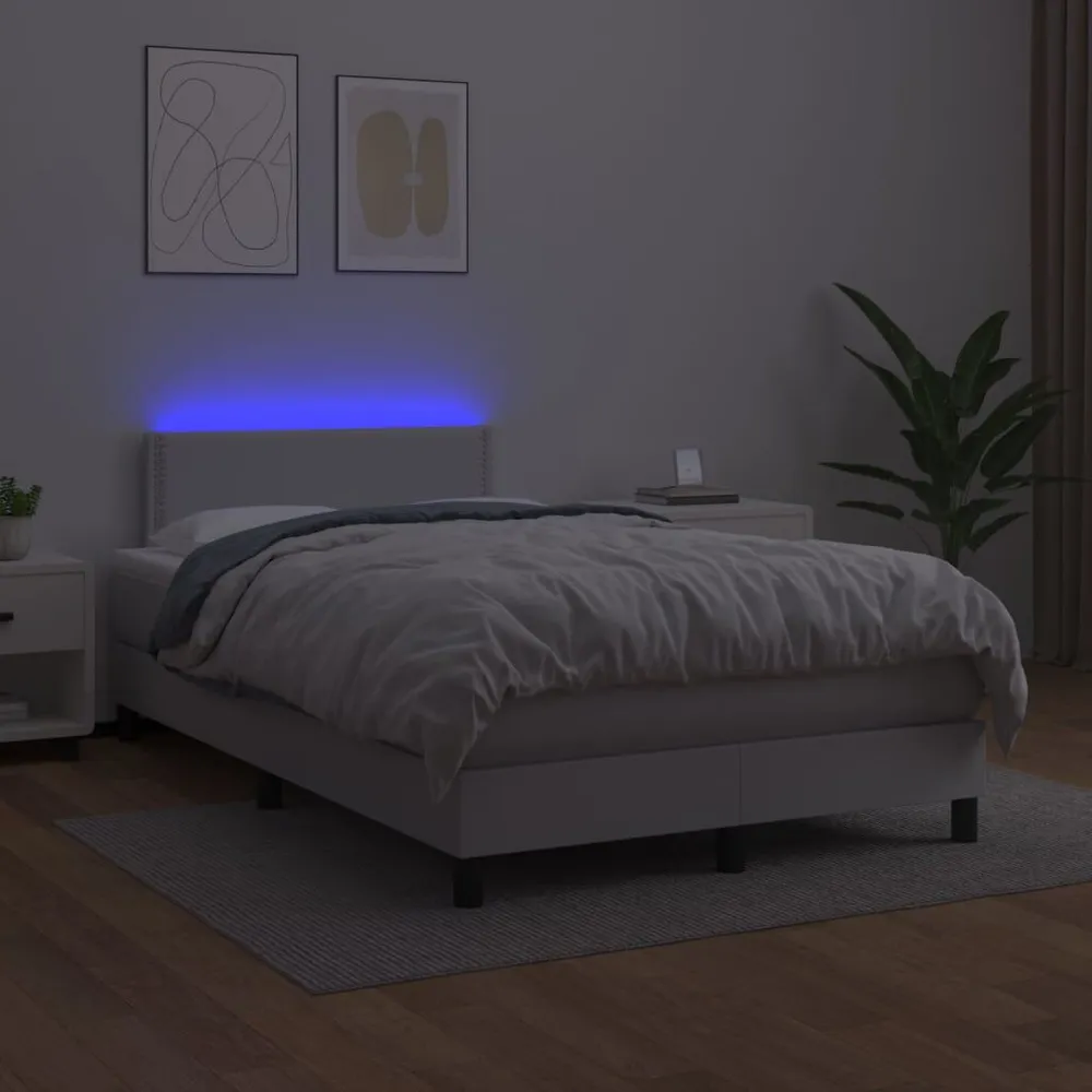 Cama box spring comcolchão/LED 120x200cm couro artificial branco