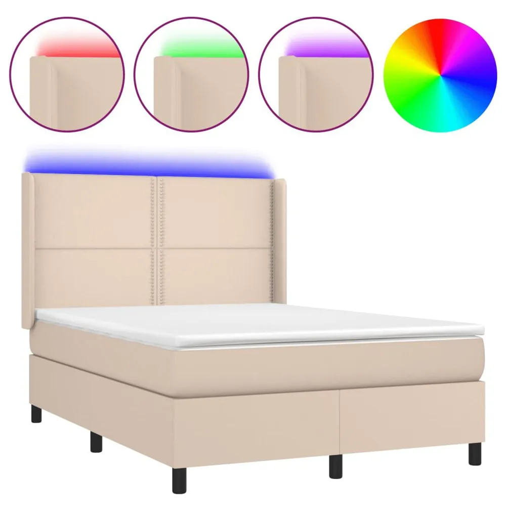 Cama box spring comcolchão/LED 140x190cm couro artif. cappuccino