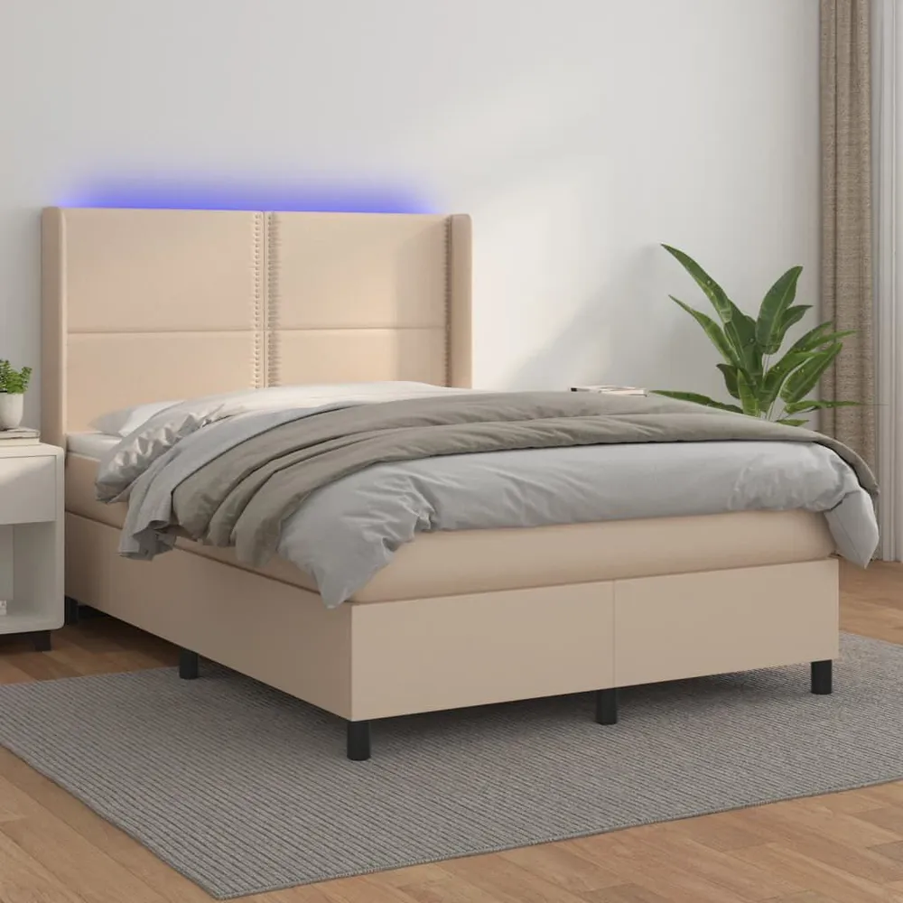 Cama box spring comcolchão/LED 140x190cm couro artif. cappuccino