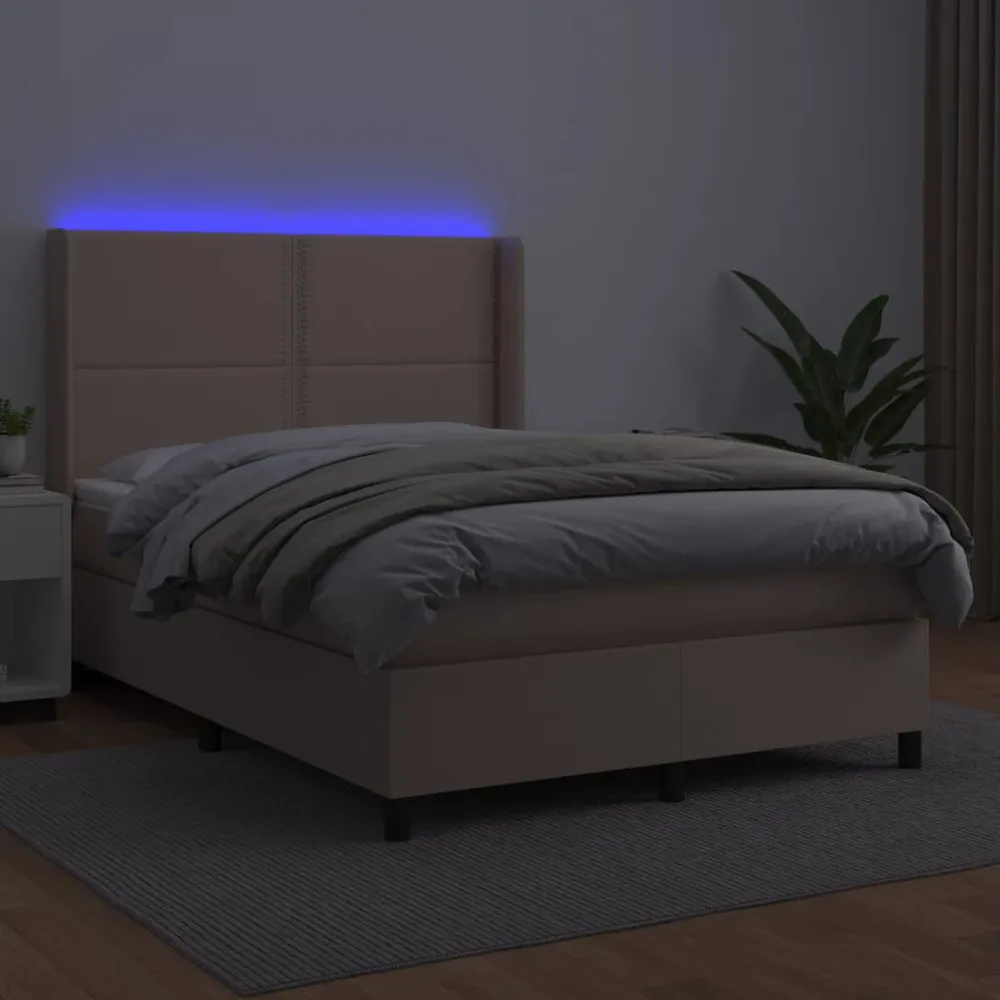 Cama box spring comcolchão/LED 140x190cm couro artif. cappuccino