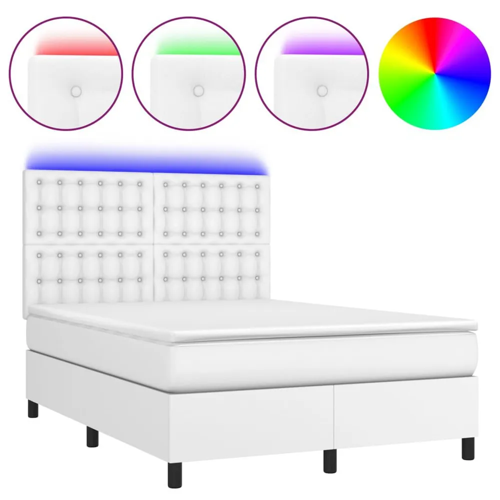 Cama box spring comcolchão/LED 140x190cm couro artificial branco