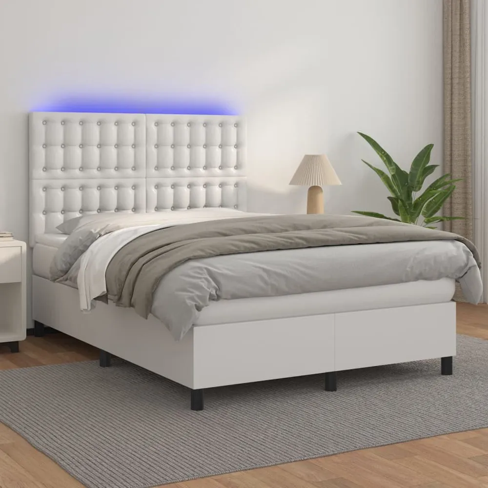 Cama box spring comcolchão/LED 140x190cm couro artificial branco
