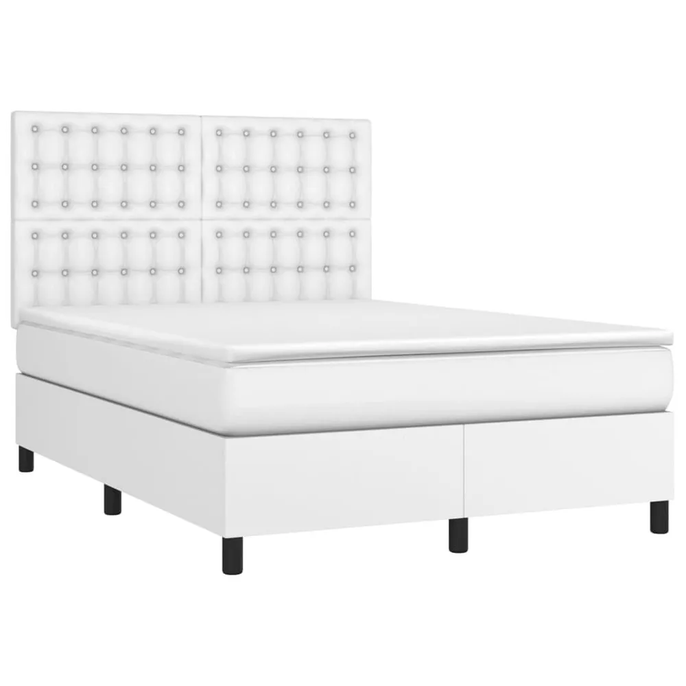 Cama box spring comcolchão/LED 140x190cm couro artificial branco