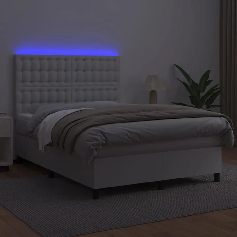 Cama box spring comcolchão/LED 140x190cm couro artificial branco