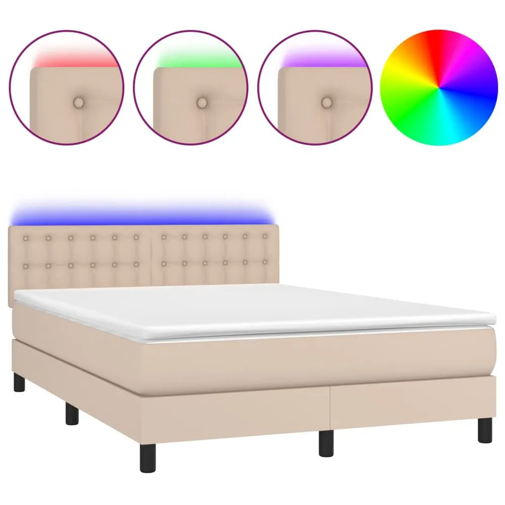 Cama box spring comcolchão/LED 140x200cm couro artif. cappuccino