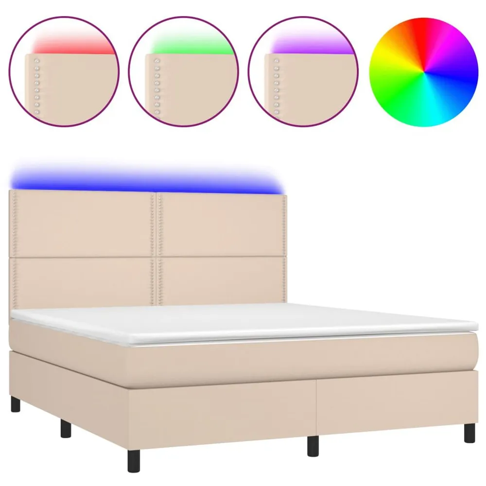 Cama box spring comcolchão/LED 160x200cm couro artif. cappuccino
