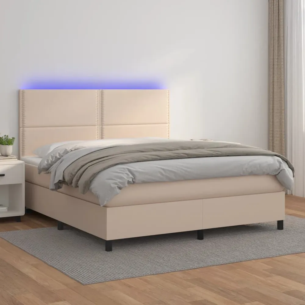 Cama box spring comcolchão/LED 160x200cm couro artif. cappuccino