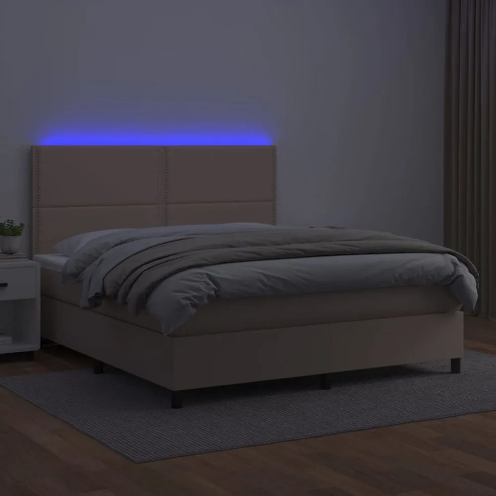 Cama box spring comcolchão/LED 160x200cm couro artif. cappuccino