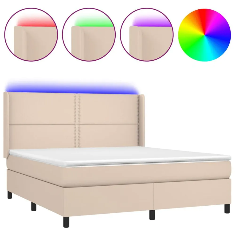 Cama box spring comcolchão/LED 160x200cm couro artif. cappuccino