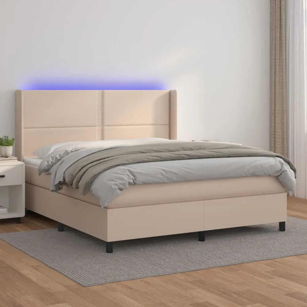 Cama box spring comcolchão/LED 160x200cm couro artif. cappuccino