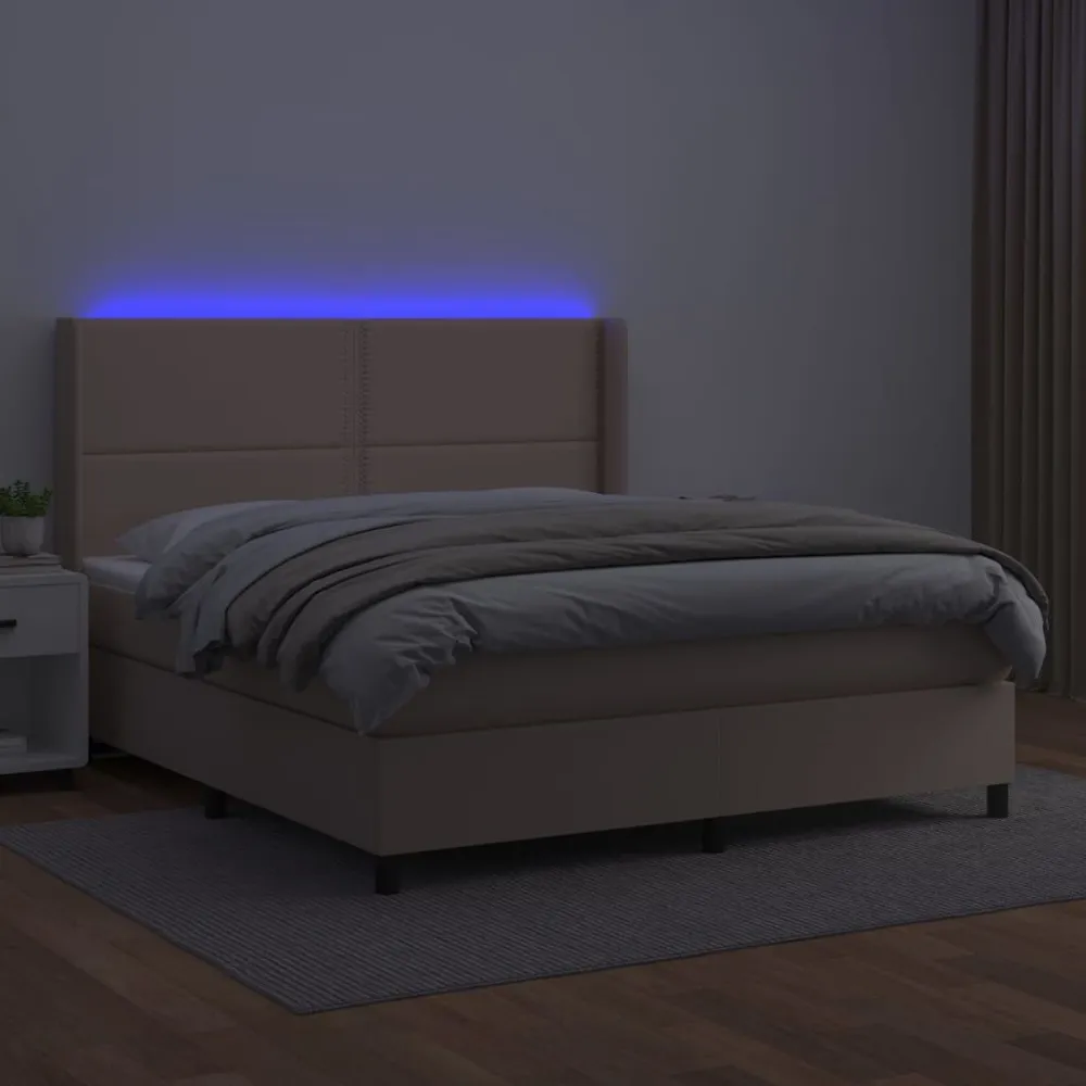 Cama box spring comcolchão/LED 160x200cm couro artif. cappuccino