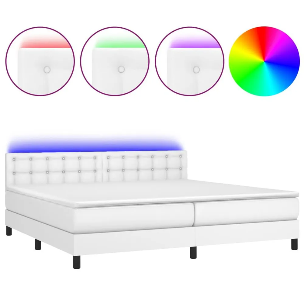 Cama box spring comcolchão/LED 200x200cm couro artificial branco