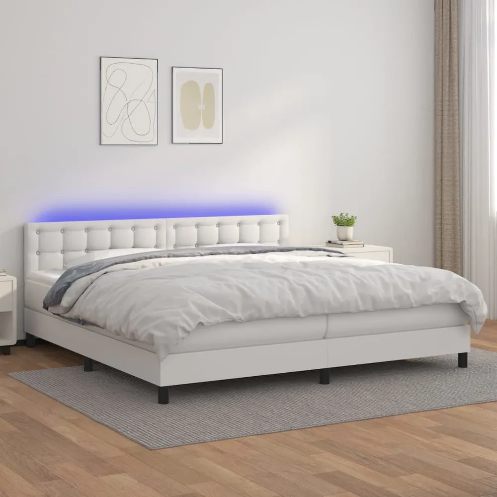 Cama box spring comcolchão/LED 200x200cm couro artificial branco