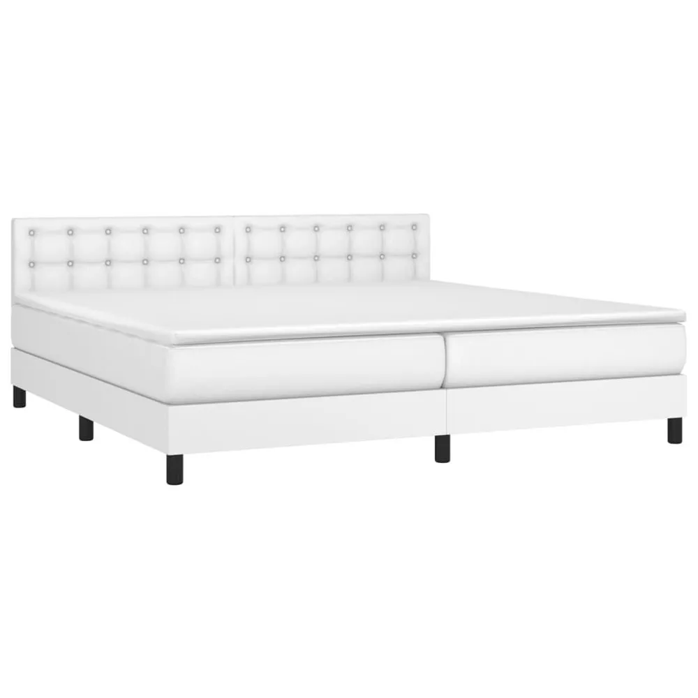 Cama box spring comcolchão/LED 200x200cm couro artificial branco