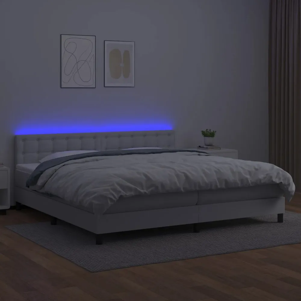 Cama box spring comcolchão/LED 200x200cm couro artificial branco