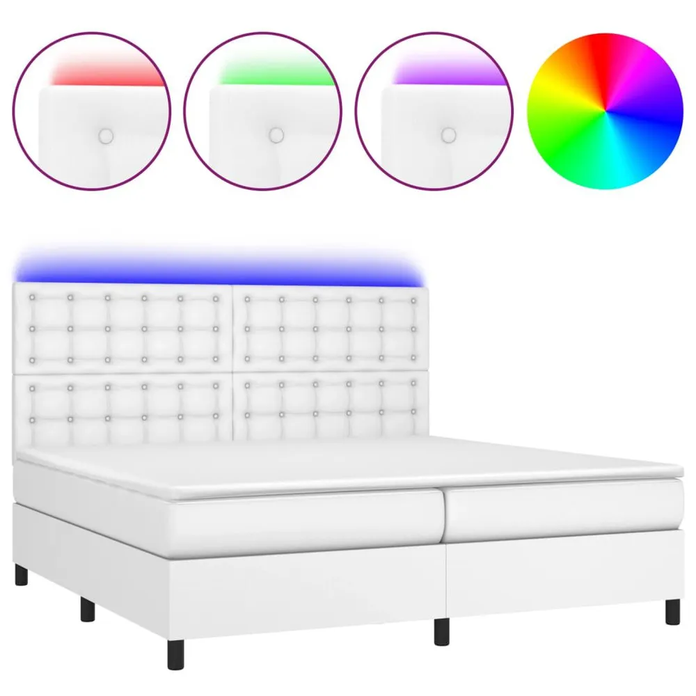 Cama box spring comcolchão/LED 200x200cm couro artificial branco