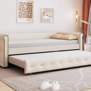 Cama com gavetão 90 x 200 cm - tecido de linho - box spring incluído - cor bege