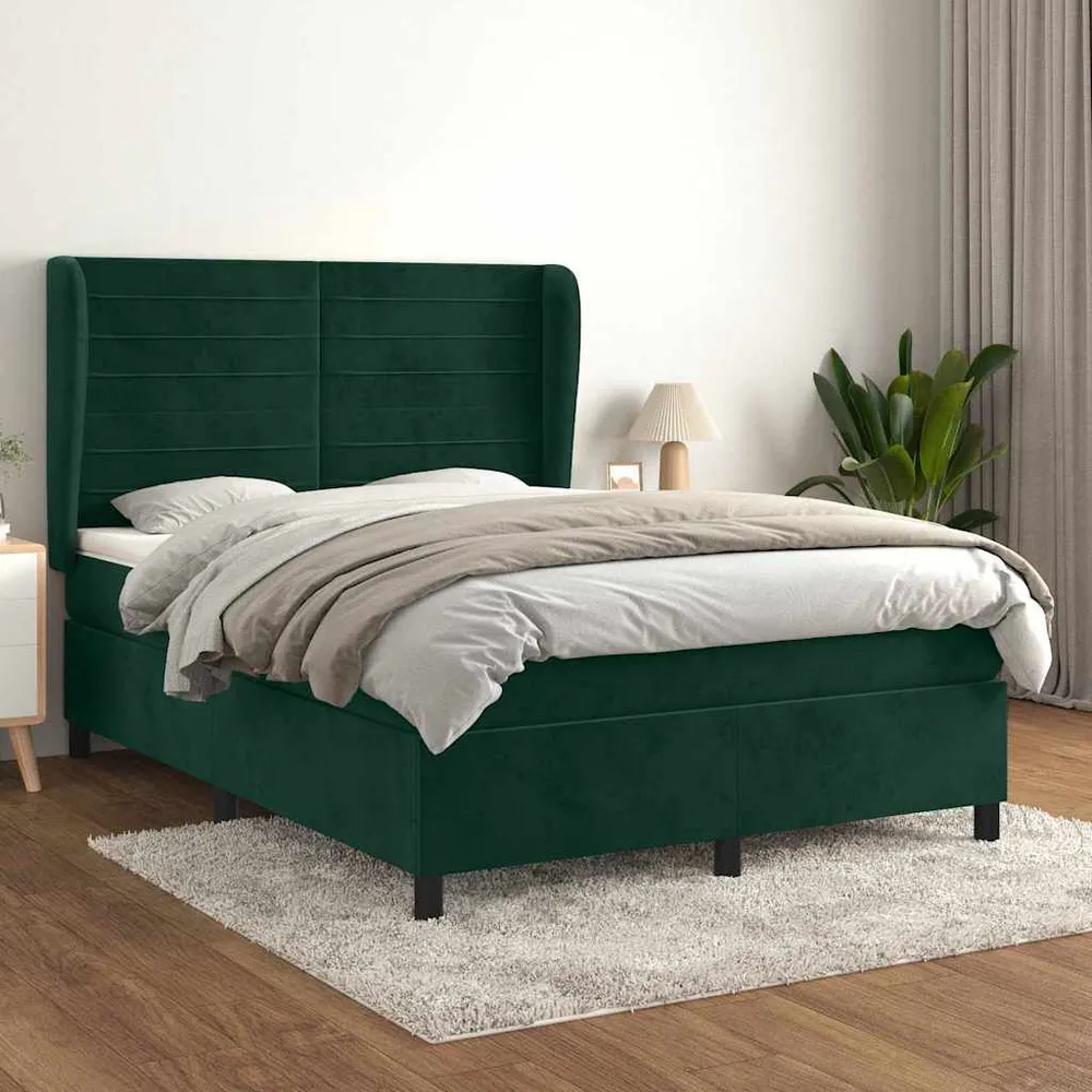 Cama com Cabeceira Cama com molasemcolchão 140x190 cm veludo verde-escuro