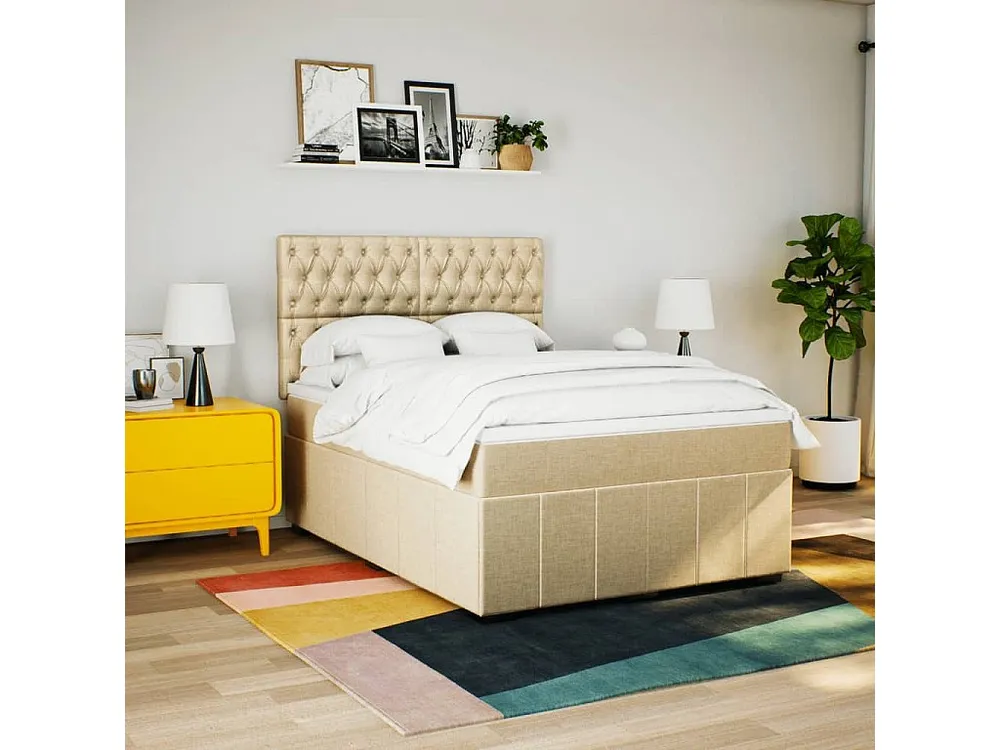 Cama com molas/colchão 140x200 cm tecido cor creme Fácil Montagem