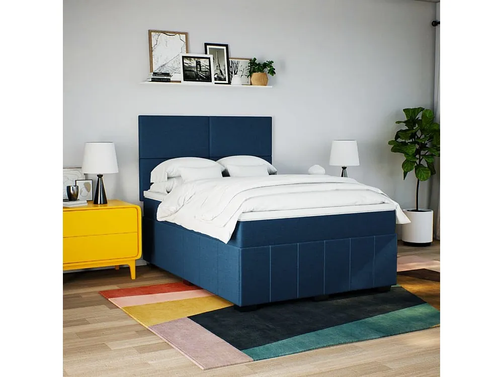 Cama com molas/colchão 160x200 cm tecido azul em Pinho Natural