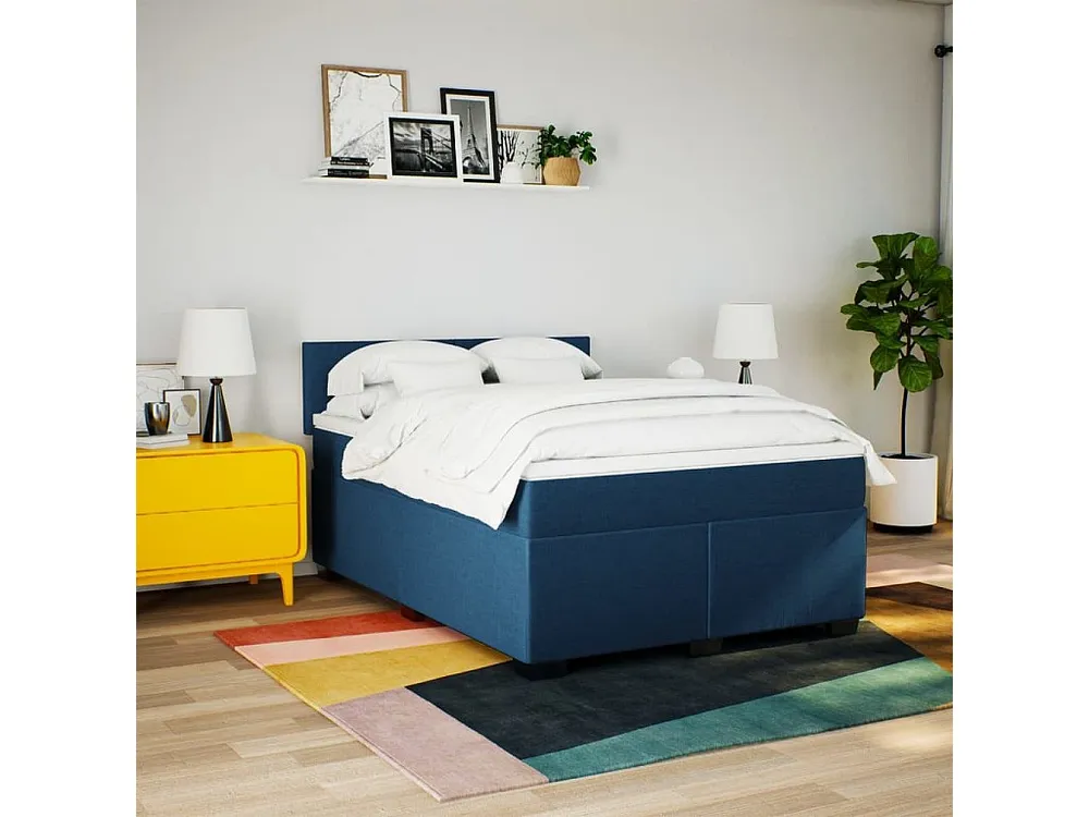 Cama com molas/colchão 160x200 cm tecido azul com Colchão Incluso