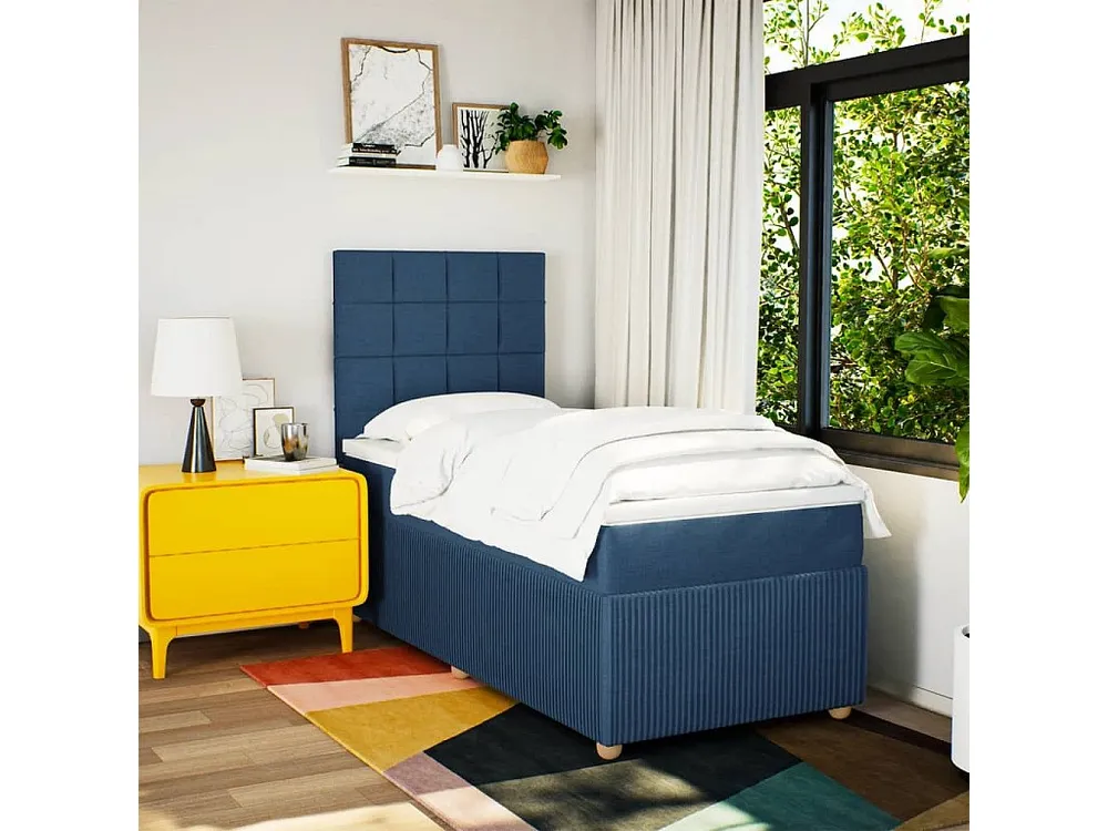Cama com molas/colchão 90x190 cm tecido azul com Pés Ajustáveis
