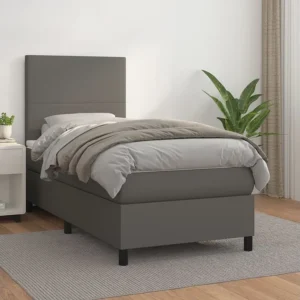 Cama com molas/colchão 90x200 cm couro artificial cinzento com Colchão Incluso
