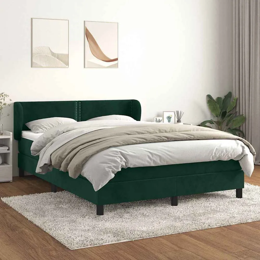 Cama com molasemcolchão 140x190 cm veludo verde-escuro em Pinho Natural