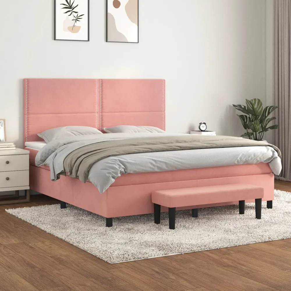 Cama com molasemcolchão 180x200 cm veludo rosa em Pinho Natural
