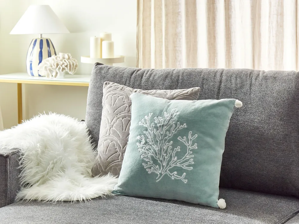 Velvet Cushion Coral Motif 45 x 45 cm Mint Jade NORI