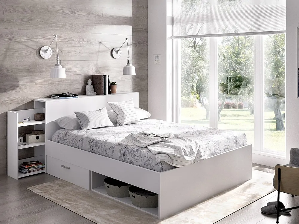 Cama com espaços de arrumação e gavetas 140 x 190 cm branco + sommier + colchão - FLORIAN