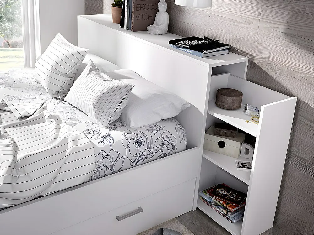 Cama com espaços de arrumação e gavetas 140 x 190 cm branco + sommier + colchão - FLORIAN