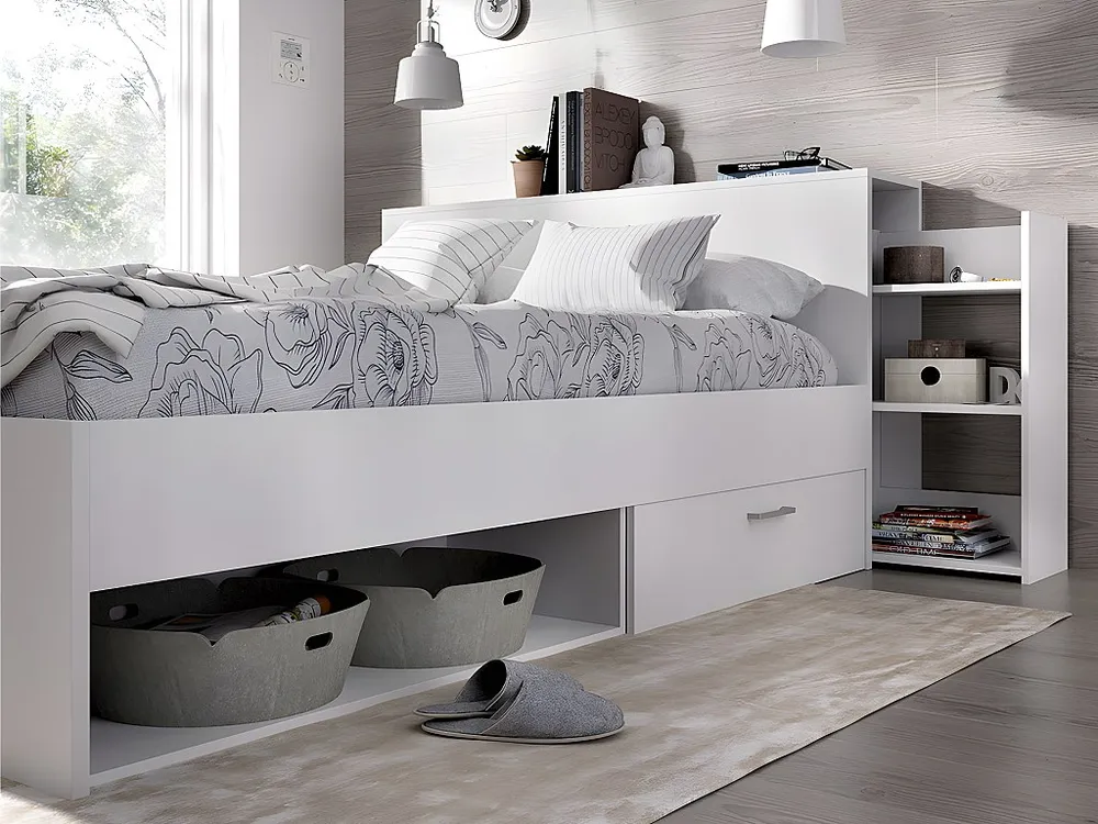Cama com espaços de arrumação e gavetas 140 x 190 cm branco + sommier + colchão - FLORIAN