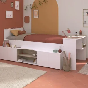 Cama combinada 90x190/200 cm secretária e arrumação branco e espontâneo + sommier - JOCHIANE