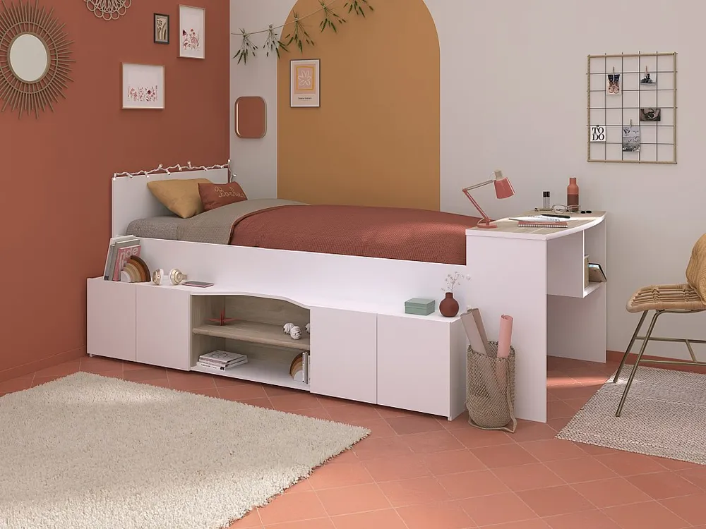 Cama combinada 90x190/200 cm secretária e arrumação branco e espontâneo + sommier - JOCHIANE