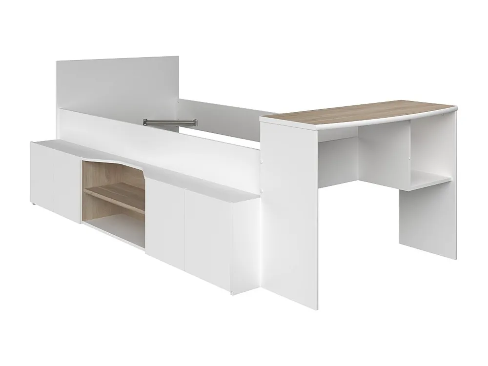 Cama combinada 90x190/200 cm secretária e arrumação branco e espontâneo + sommier - JOCHIANE