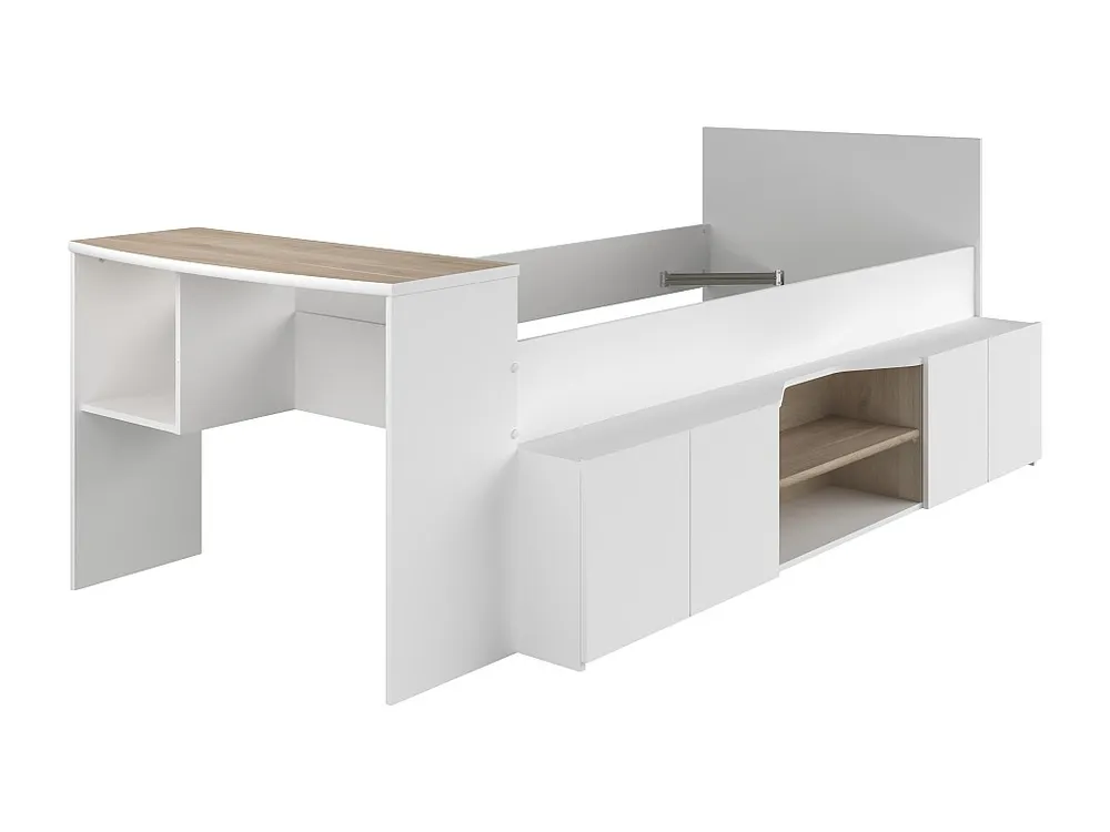 Cama combinada 90x190/200 cm secretária e arrumação branco e espontâneo + sommier - JOCHIANE