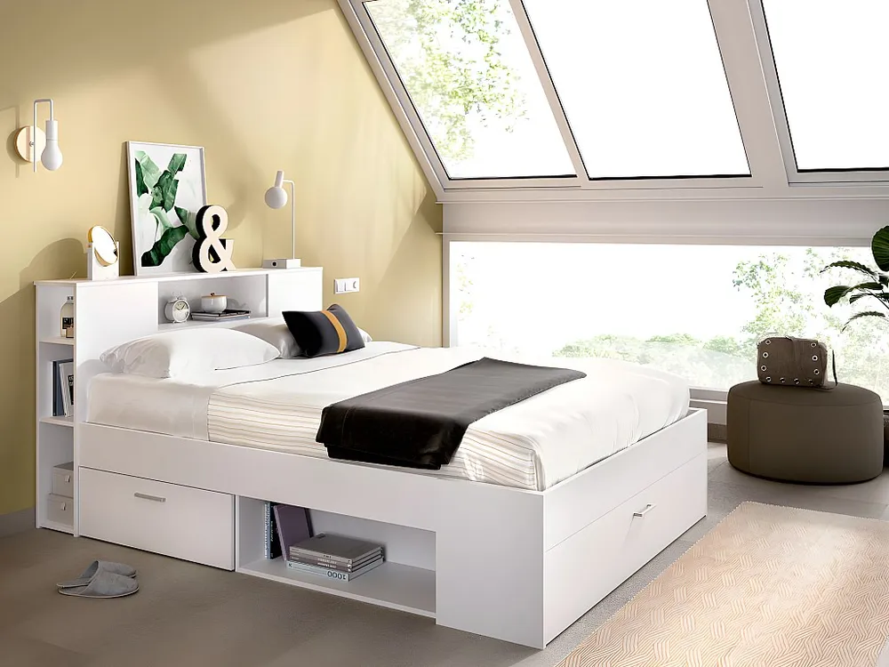 Cama LEANDRE 140 x 190 cm Branco + colchão + sommier + almofadas + edredão LEANDRE