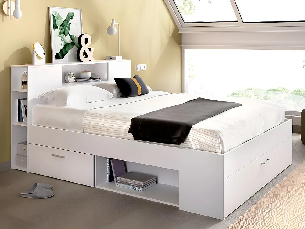 Cama LEANDRE 140 x 190 cm Branco + colchão + sommier + almofadas + edredão LEANDRE