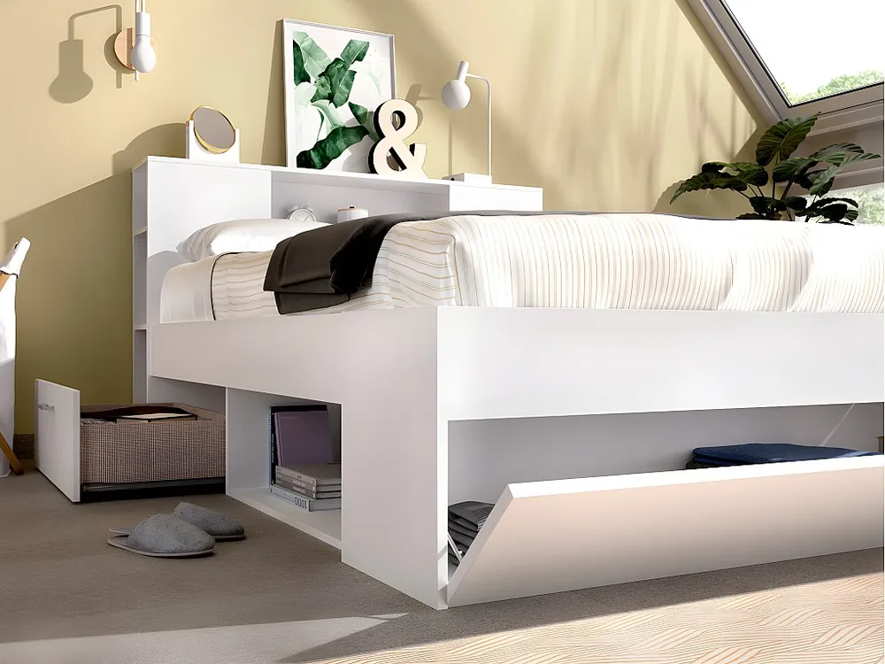 Cama LEANDRE 140 x 190 cm Branco + colchão + sommier + almofadas + edredão LEANDRE