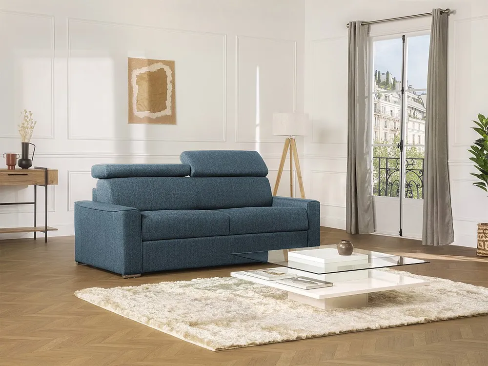 Sofá cama 3 lugares colchão de 22 cm tecido azul VIZIR