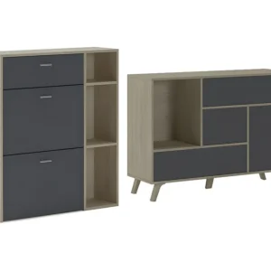 Rack para Eletrônicos Conjunto Entrada-Sala de jantar, Móvel auxiliar, carvalho/Cinzento, Aparador-Sapateira