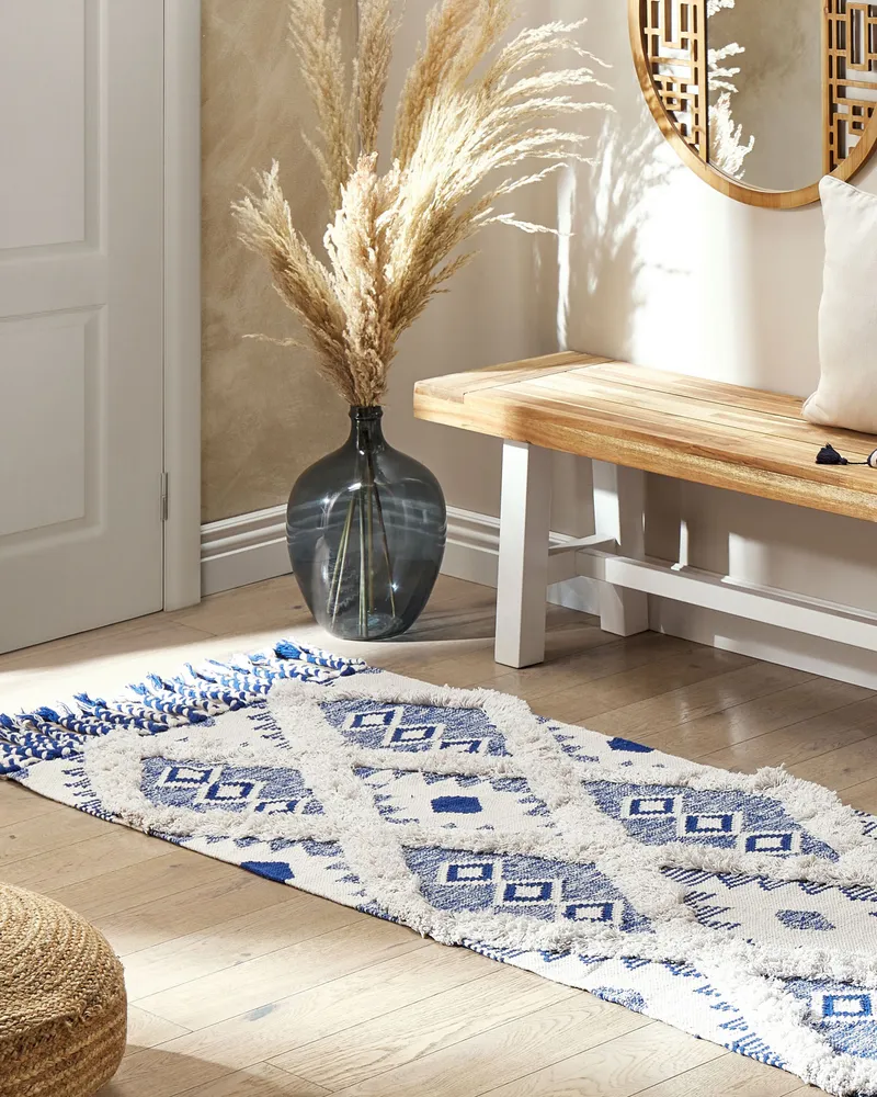 Tapete de algodão creme nítido e azul 80 x 200 cm MANAVGAT Design Moderno Geométrico