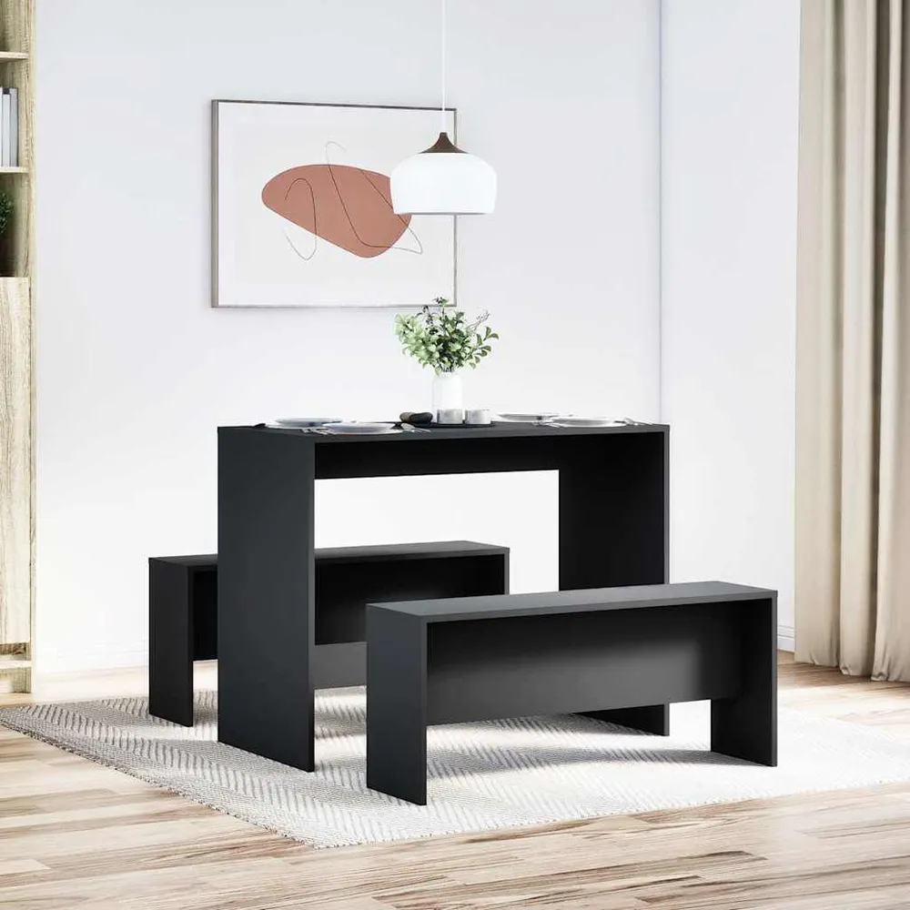 Madeira Maciç 3 pcs conj. mesa de jantar e banco derivados de madeira preto