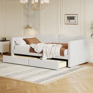Coleção Completa de Cama Cama estofada 90 x 200 cm com 2 gavetas, sofá cama - tecido ursinho - cor branca