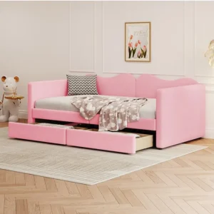 Conjunto de Cama de Casal Cama estofada 90 x 200 cm com 2 gavetas, sofá cama - tecido ursinho - cor rosa